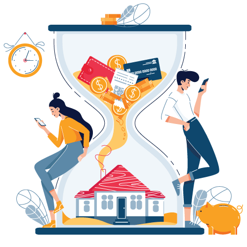 Illustration of hour glass, house and two people on the cell phones